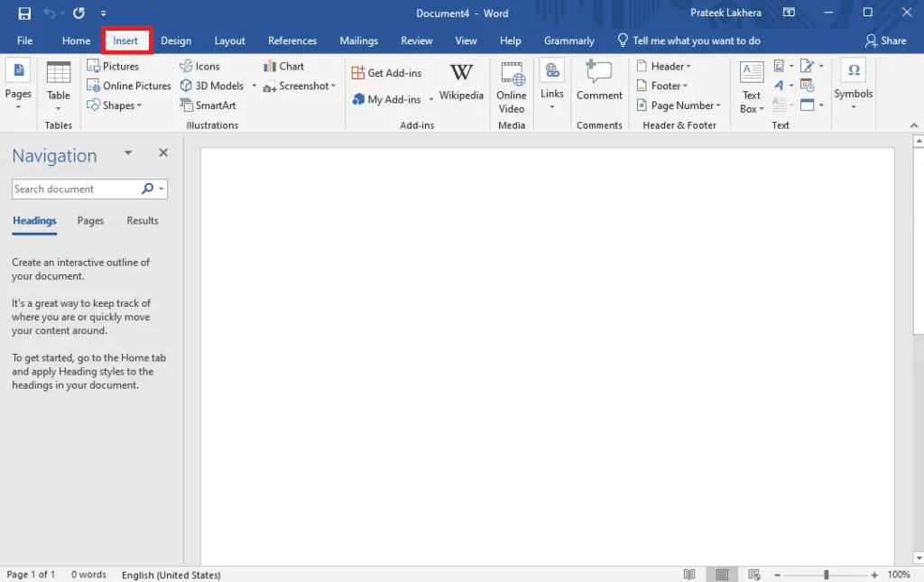 select a Blank document and navigate to the Insert tab