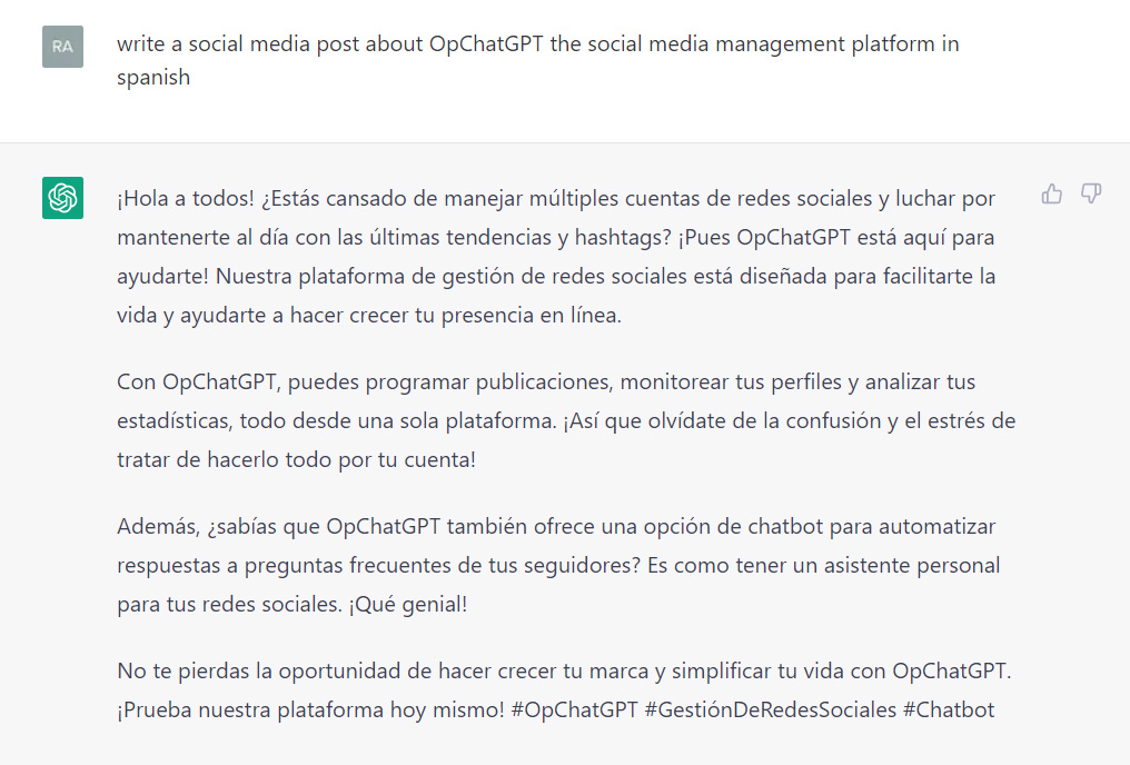 Write a social media post about OpChatGPT in Spanish
