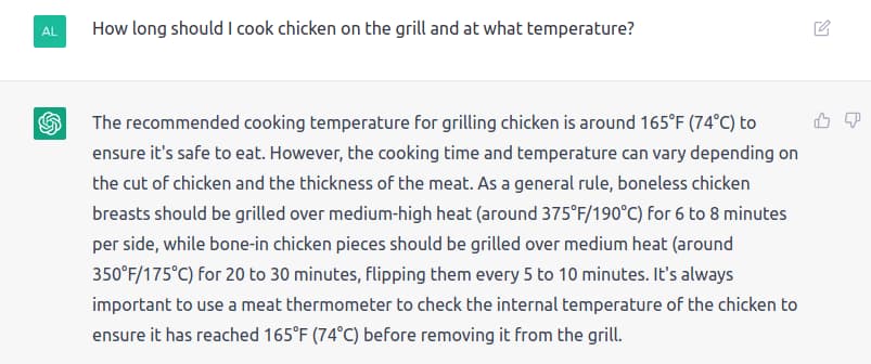 How long should I cook chicken on the grill and at what temperature